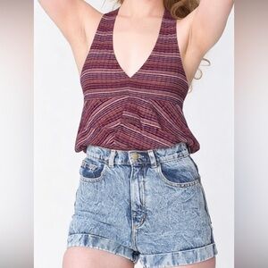 Striped textured V-Neck Peplum Crop Top